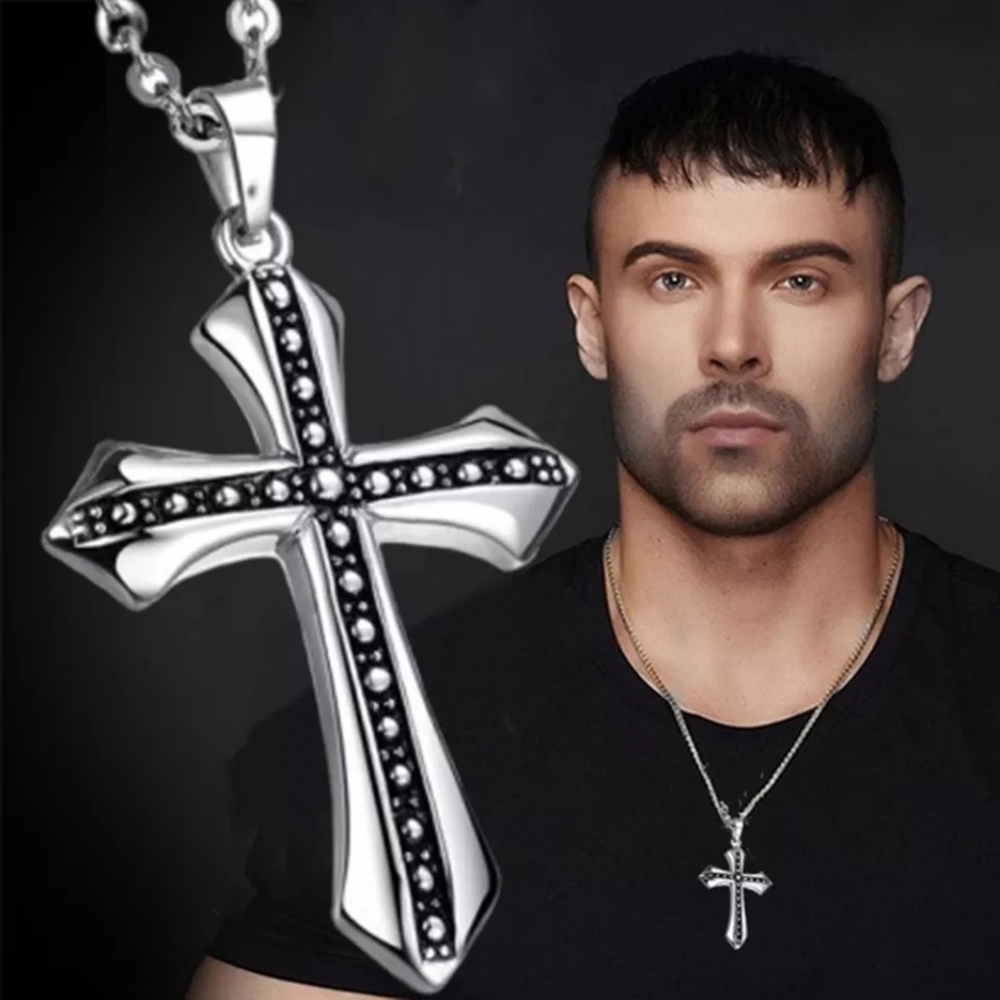 Men Vintage Cross Pendant 60cm Long Neckla…